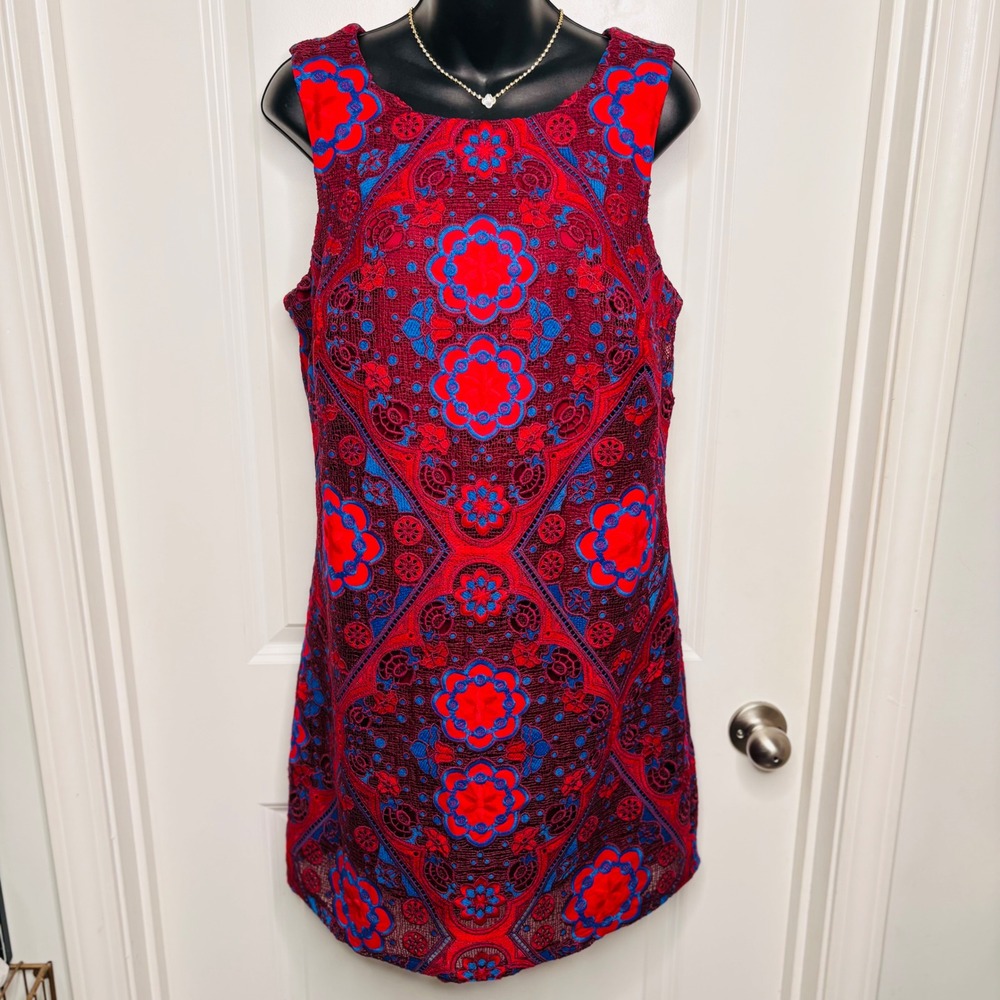 Anthropology Eva Franco Red Blue Floral Lace Shift Dress Womens 8 Wedding Guest